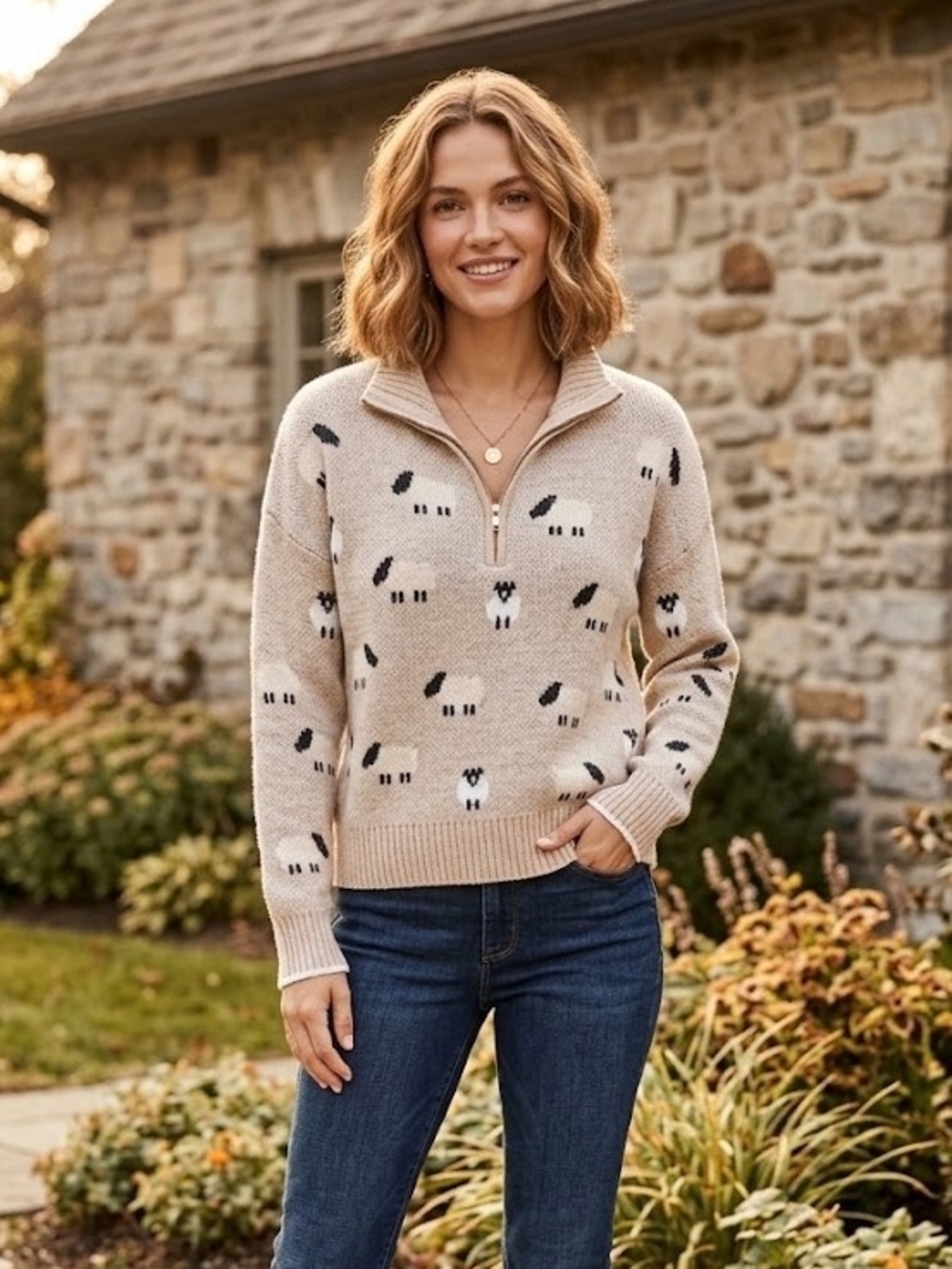 LOFT Beige Cowl Half-Zip Sweater with Black & White Sheep Motif